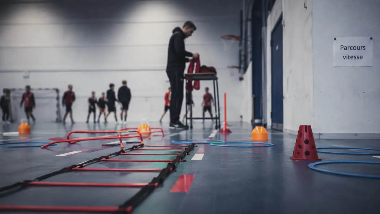 Matériel préparateur sportif : atelier vitesse au gymnase, échelle de rythme et plots