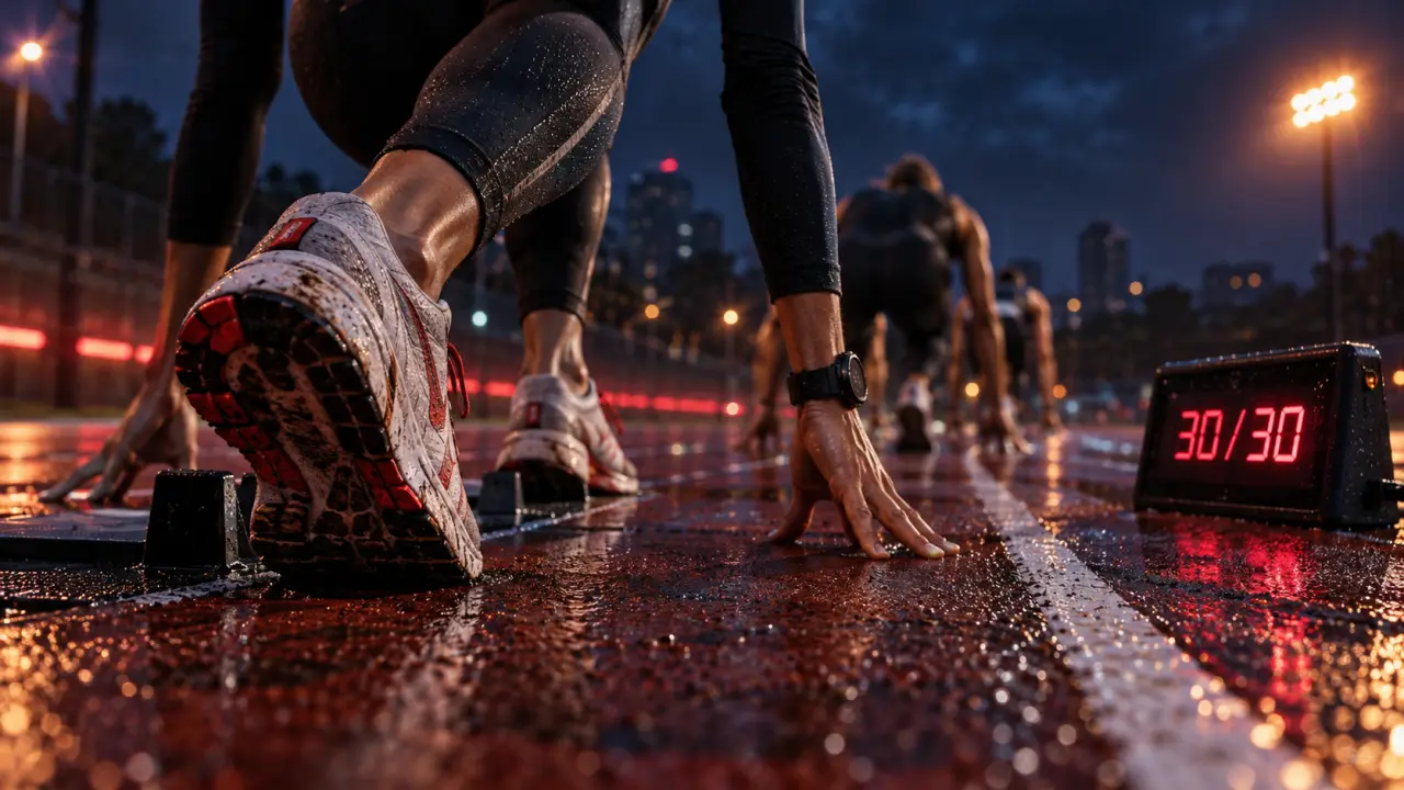 Course fractionnée 30/30 sur piste humide, chrono 800 m