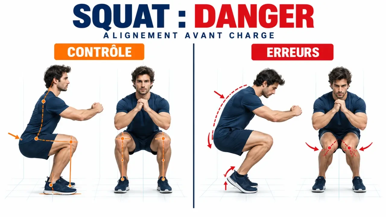 Squat danger : illustration des erreurs de technique et des positions contrôlées des genoux, du dos et des talons