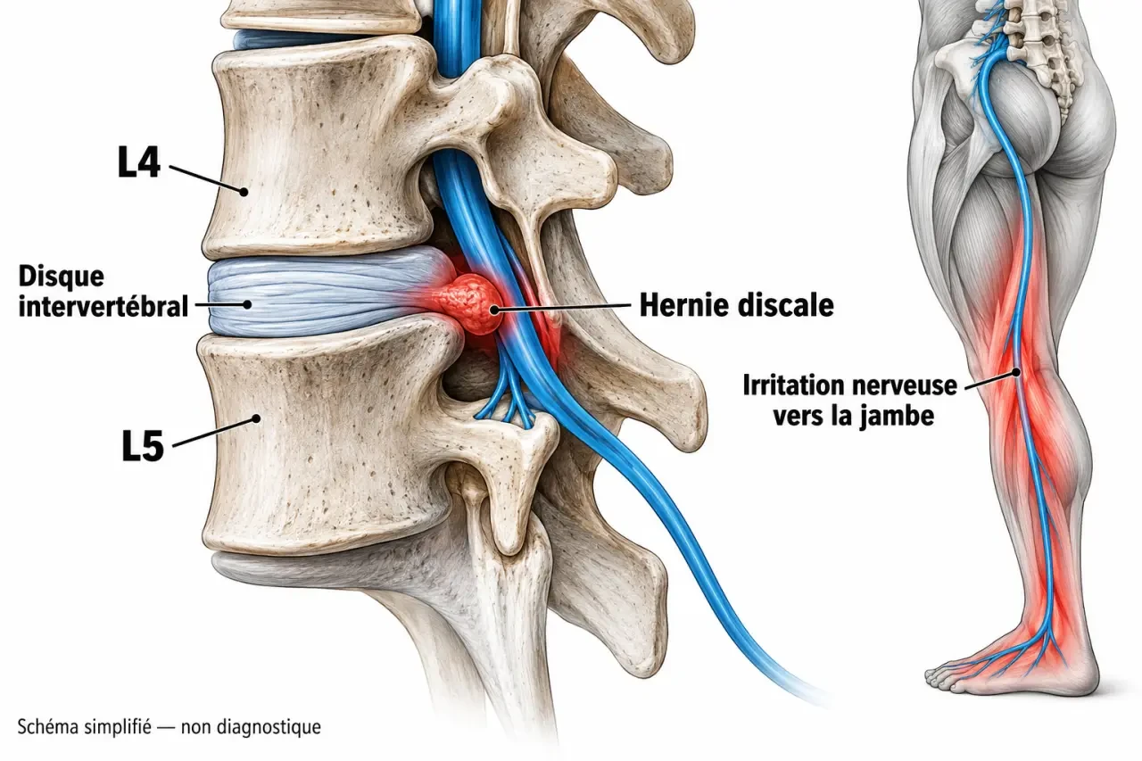 Schéma anatomique simplifié d'un exercice pour hernie discale L4-L5 et du trajet nerveux lombaire