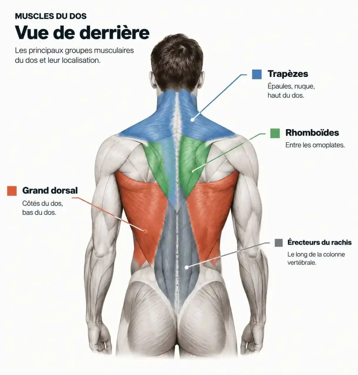 Schéma des muscles du dos pour muscler le dos : grand dorsal, trapèzes, rhomboïdes et érecteurs du rachis