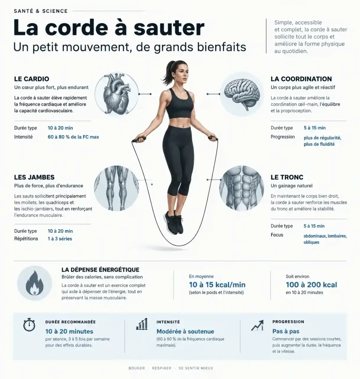Corde à sauter bienfait : infographie sur le cardio, la coordination et les muscles sollicités