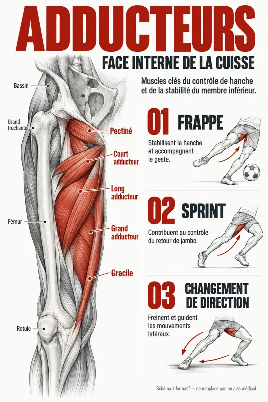 Schéma des adducteurs expliquant la douleur adducteur foot lors d'une frappe et d'un changement de direction
