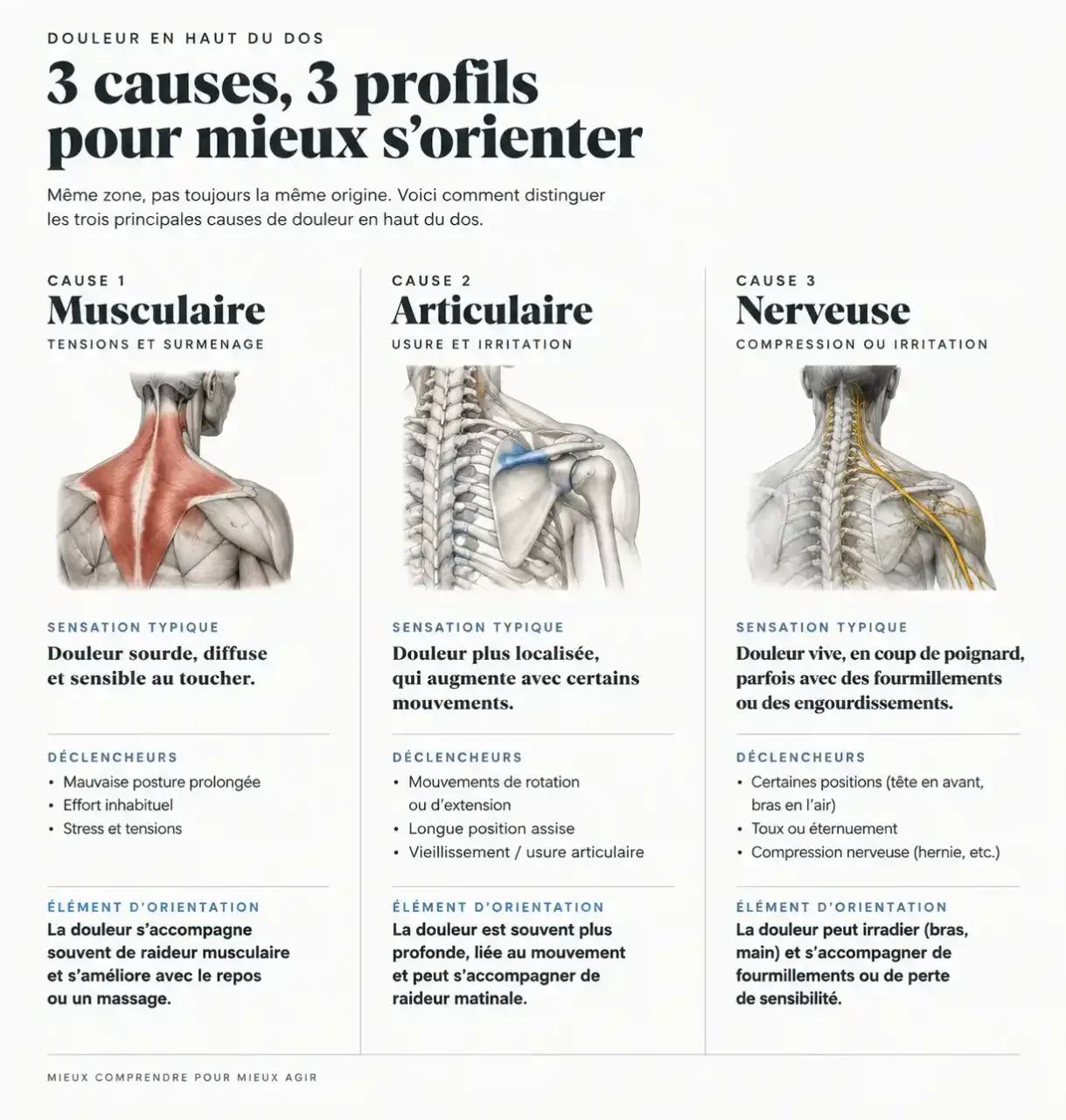 Comparaison des causes d'une douleur en haut du dos : musculaire, articulaire et nerveuse