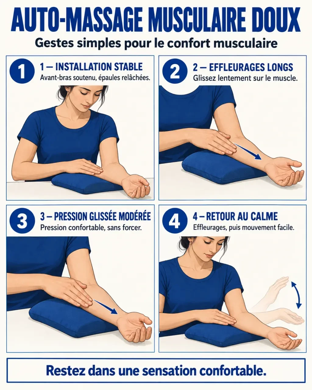 Masser muscle : illustration des étapes d’un auto-massage doux et progressif